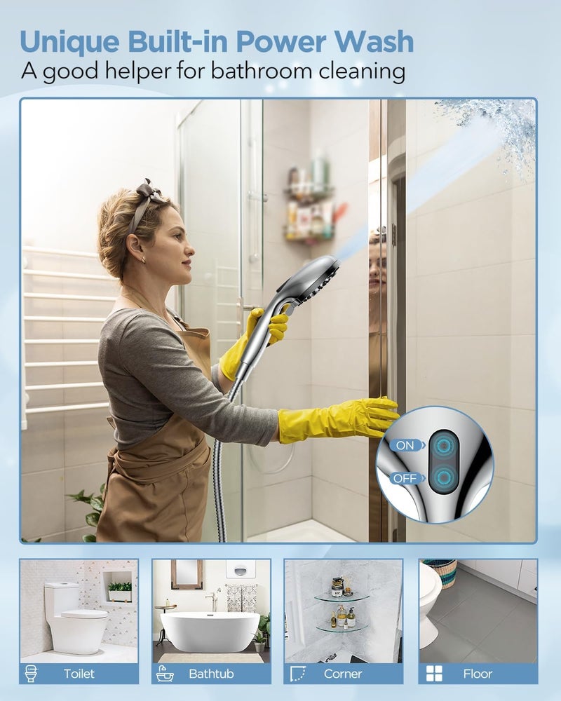 MakeFit Dual Handheld Shower Head Combo, 2-in-1 Rain Shower Heads System Wide Rainfall Shower Head and 10 Modes High Pressure Hand Held Showerhead with Built-in Power Wash - Chrome - Image 5